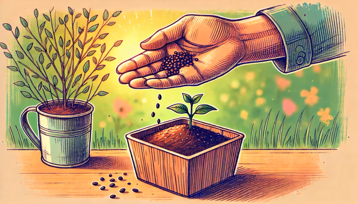 Hand planting seeds into a small potted plant, with another potted plant in the background, set in a bright, colorful garden scene.