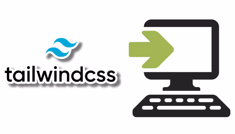 Tailwind CSS logo alongside an icon representing installation, featuring a green arrow pointing towards a computer monitor, indicating the process of installing Tailwind CSS