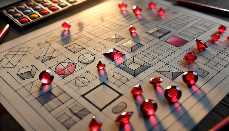 A sheet of paper with hand-drawn geometric shapes and scattered red rubies, reflecting light on a table.