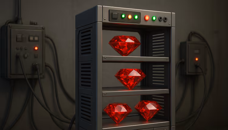 Futuristic metal shelf with glowing red rubies connected to industrial machines with cables in a dark laboratory