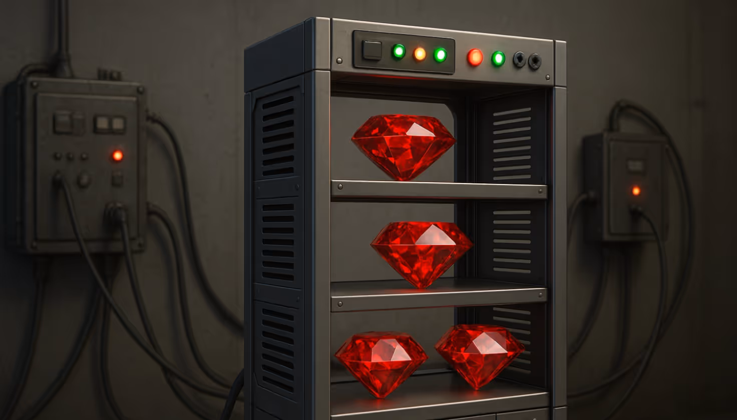 Futuristic metal shelf with glowing red rubies connected to industrial machines with cables in a dark laboratory
