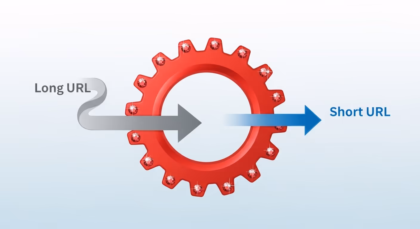 A URL shortener, where a gray arrow with a long URL passes through a large red gear with rubies and emerges as a shorter blue arrow with a short URL