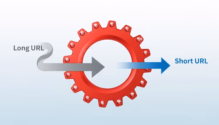 A URL shortener, where a gray arrow with a long URL passes through a large red gear with rubies and emerges as a shorter blue arrow with a short URL