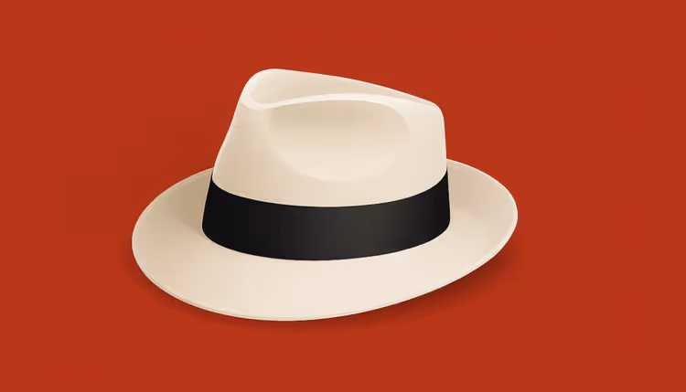 Digital illustration of a classic white fedora hat with a black band, centered on a soft, uniform reddish background.