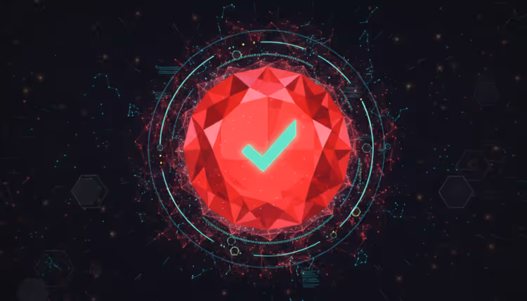 Abstract illustration of a ruby with a green check mark, symbolizing testing in Ruby.
