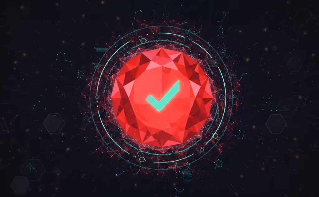 Abstract illustration of a ruby with a green check mark, symbolizing testing in Ruby.