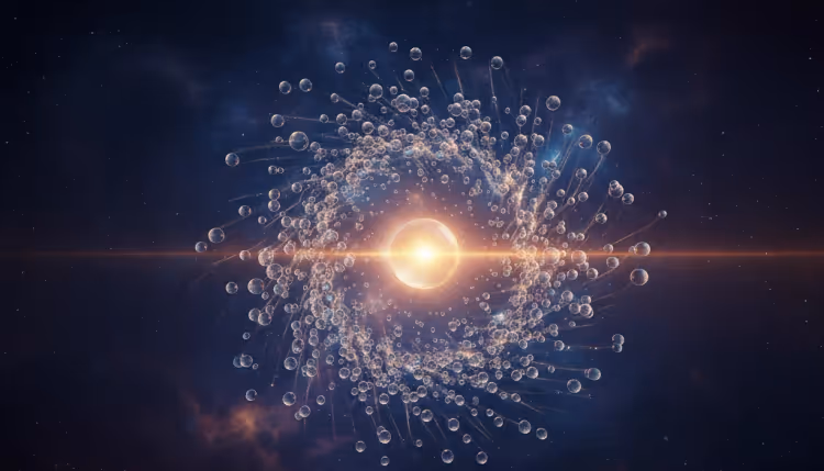 A single sphere of light generates a cascade of multiple lines of energy that branch out against a dark background.