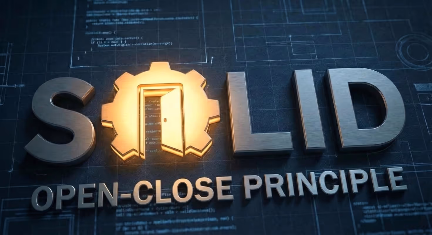 A graphic illustration of the SOLID Open-Close Principle, featuring metallic text and a golden gear icon with an open door, set against a blueprint background with code snippets.