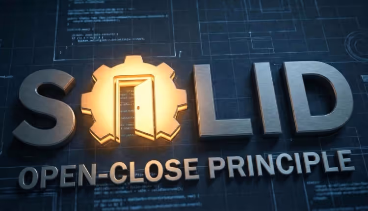 A graphic illustration of the SOLID Open-Close Principle, featuring metallic text and a golden gear icon with an open door, set against a blueprint background with code snippets.