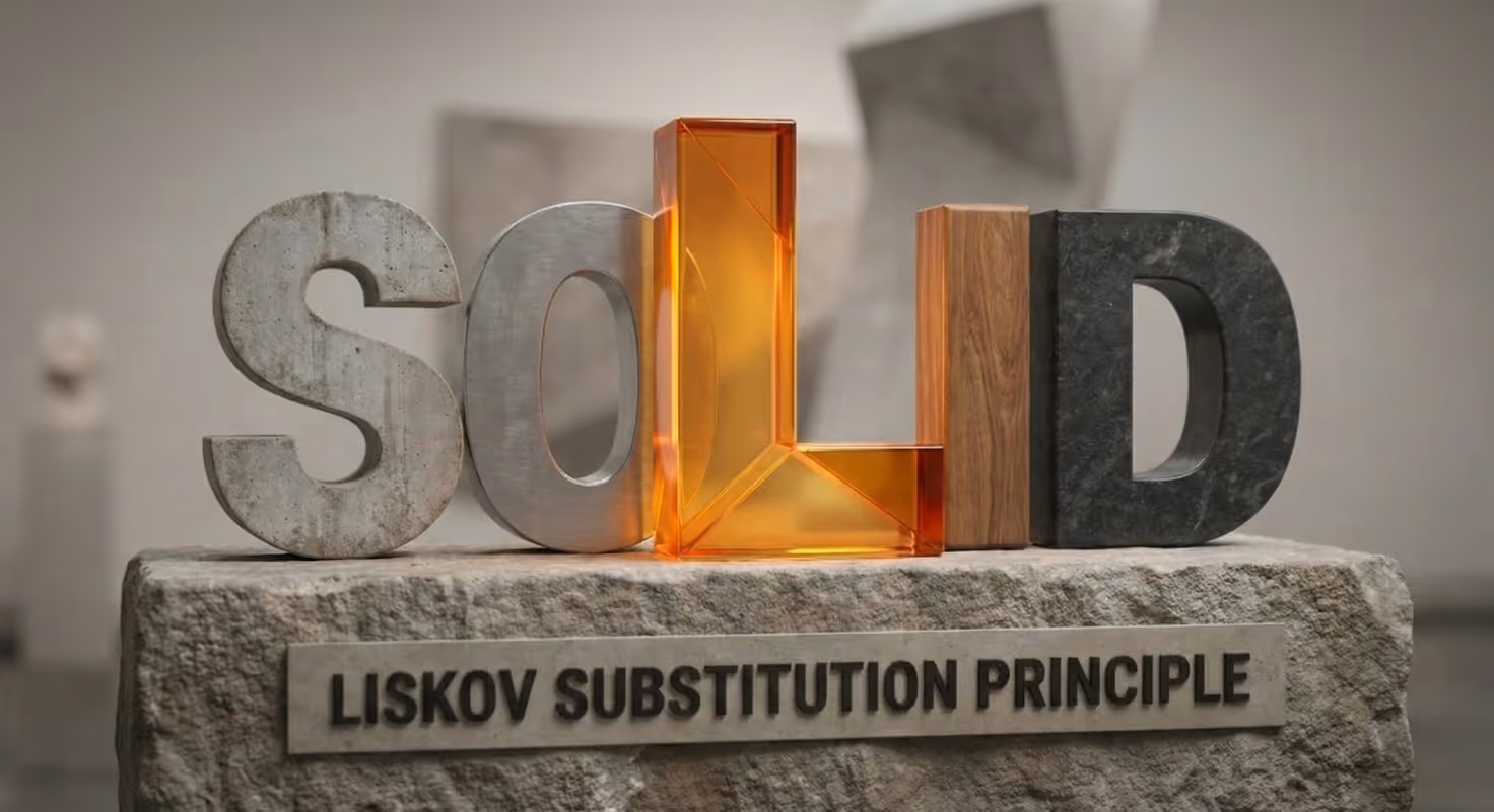Sculptural letters spelling 'SOLID' on a stone base labeled 'LISKOV SUBSTITUTION PRINCIPLE', with the letter 'L' distinctly made of a translucent orange material.