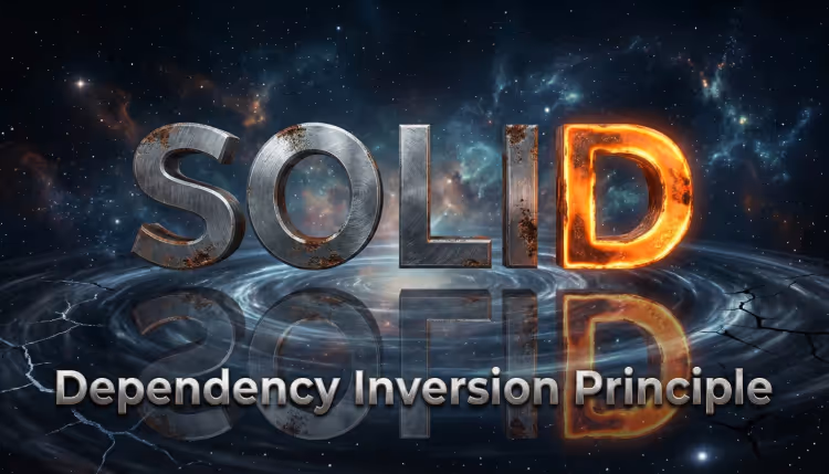 'SOLID' text in metal and fire, and 'Dependency Inversion Principle' over a space background.