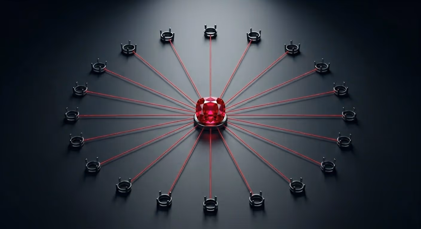 Single ruby gemstone connected by threads to multiple empty sockets.