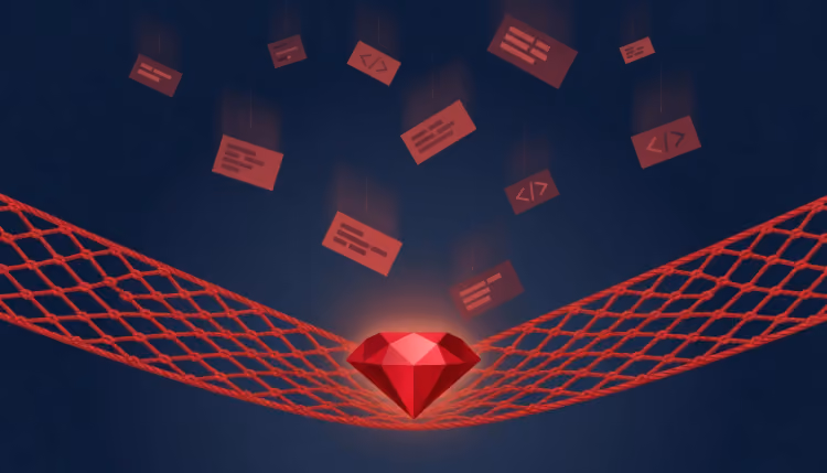 A red safety net catches falling code pieces, with a ruby at the center.