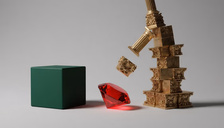 A simple, solid green block next to a teetering tower of ornate blocks about to topple, with a ruby in the center.
