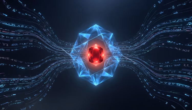 Many scattered, slightly different streams of code converging step by step into a single crystalline block, with a ruby in the center.