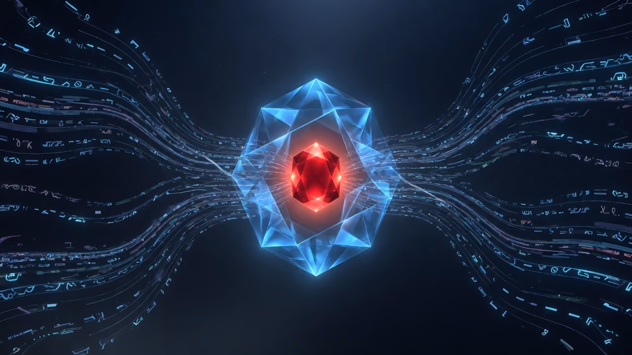 Many scattered, slightly different streams of code converging step by step into a single crystalline block, with a ruby in the center.