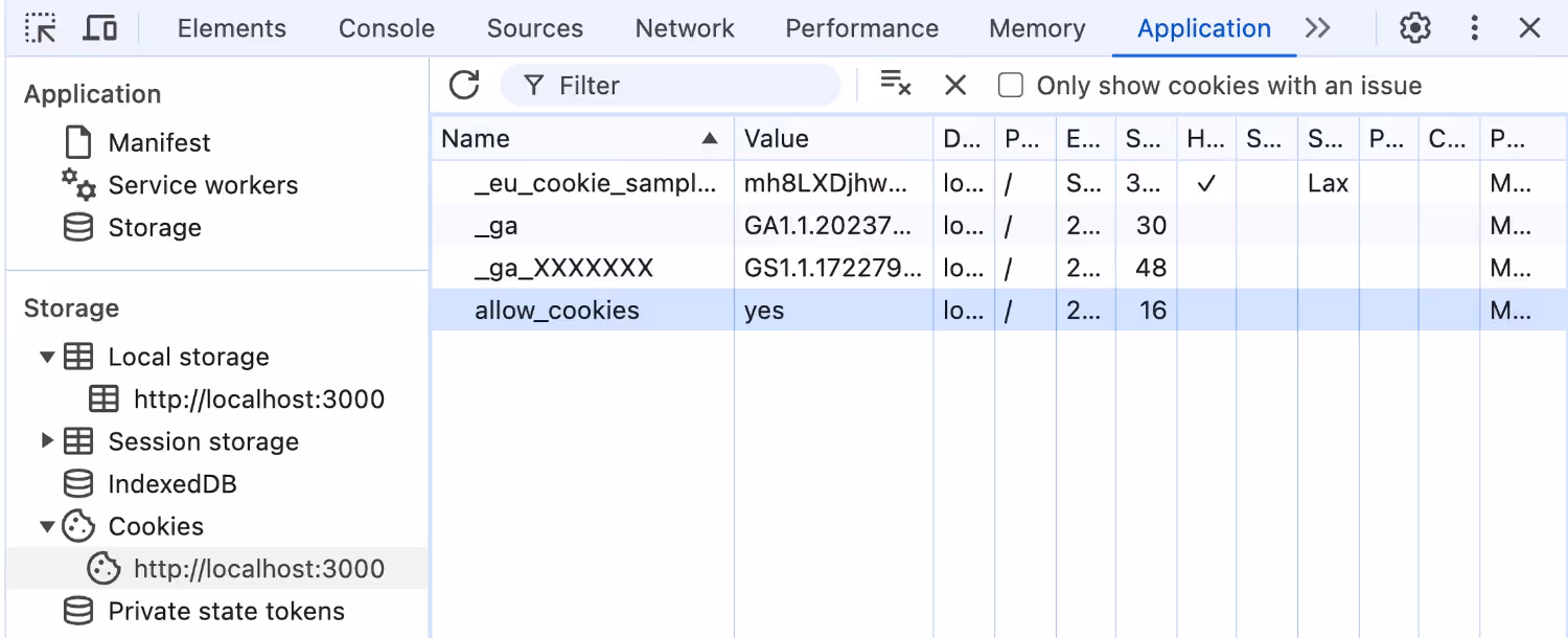 Developer tools showing the allow_cookies cookie